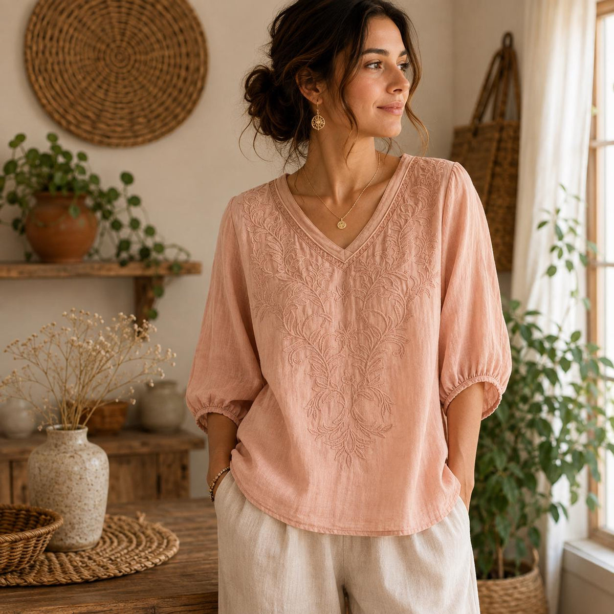 Women's V-Neck Embroidered Blouse with Loose Mid-Length Sleeves - Casual Pullover Top in Lightweight Rayon Blend Fabric