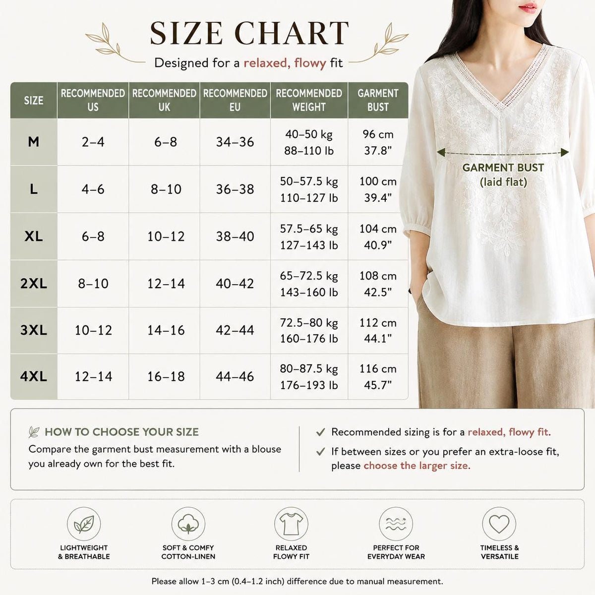 Women's V-Neck Embroidered Blouse with Loose Mid-Length Sleeves - Casual Pullover Top in Lightweight Rayon Blend Fabric