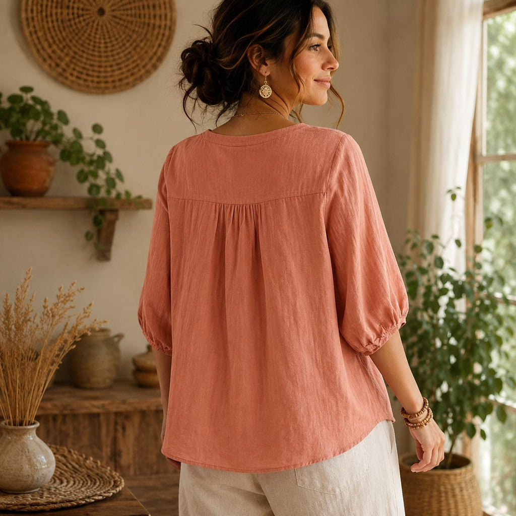Women's V-Neck Embroidered Blouse with Loose Mid-Length Sleeves - Casual Pullover Top in Lightweight Rayon Blend Fabric