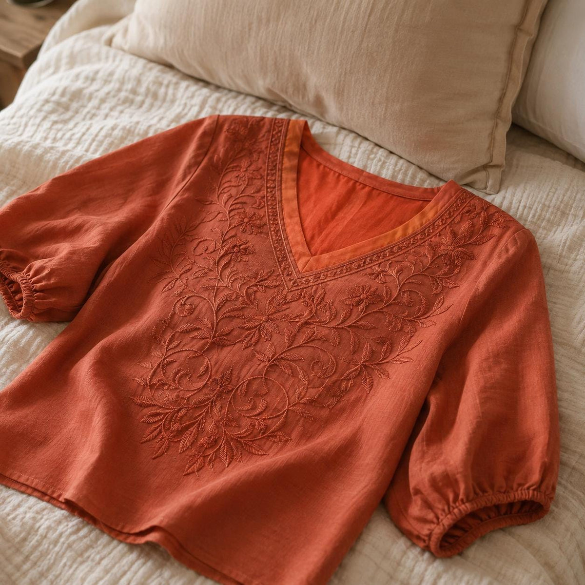 Women's V-Neck Embroidered Blouse with Loose Mid-Length Sleeves - Casual Pullover Top in Lightweight Rayon Blend Fabric
