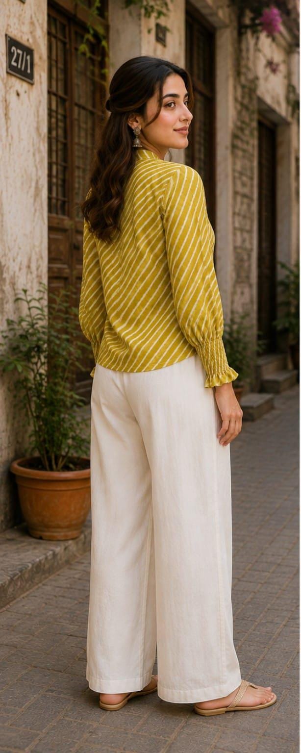 Mustard Yellow Striped Cotton Blouse, Long Sleeve Boho Tunic Top