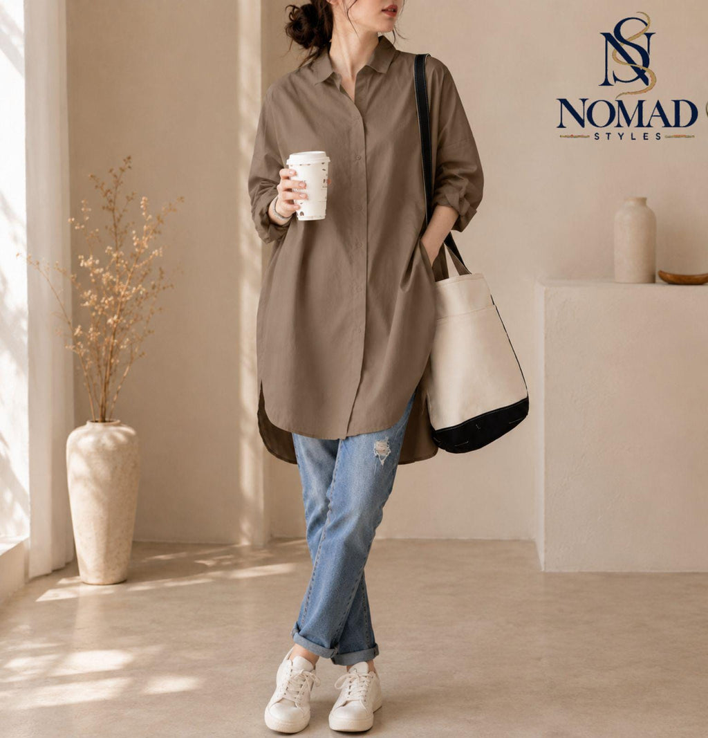 Relaxed Fit Women's Button Down Shirt, Classic Collared Tunic Top