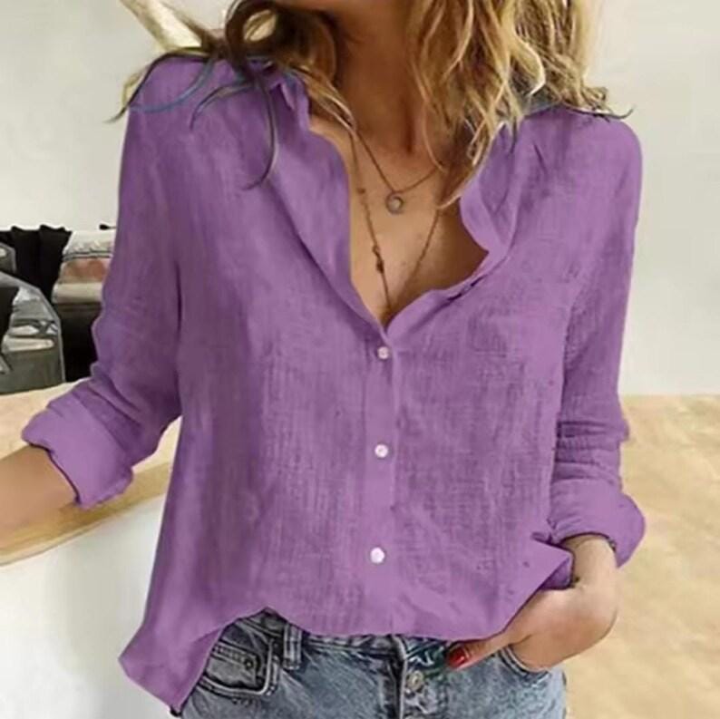 Women's Cotton Linen Button Down Shirt, V-Neck Long Sleeve Blouse, Relaxed Fit Top