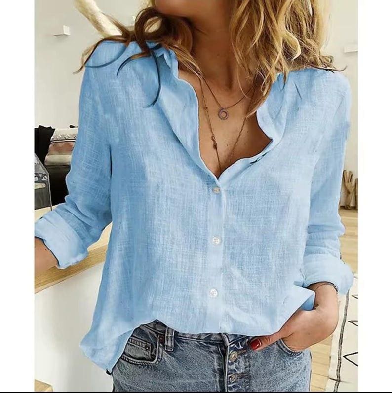 Women's Cotton Linen Button Down Shirt, V-Neck Long Sleeve Blouse, Relaxed Fit Top
