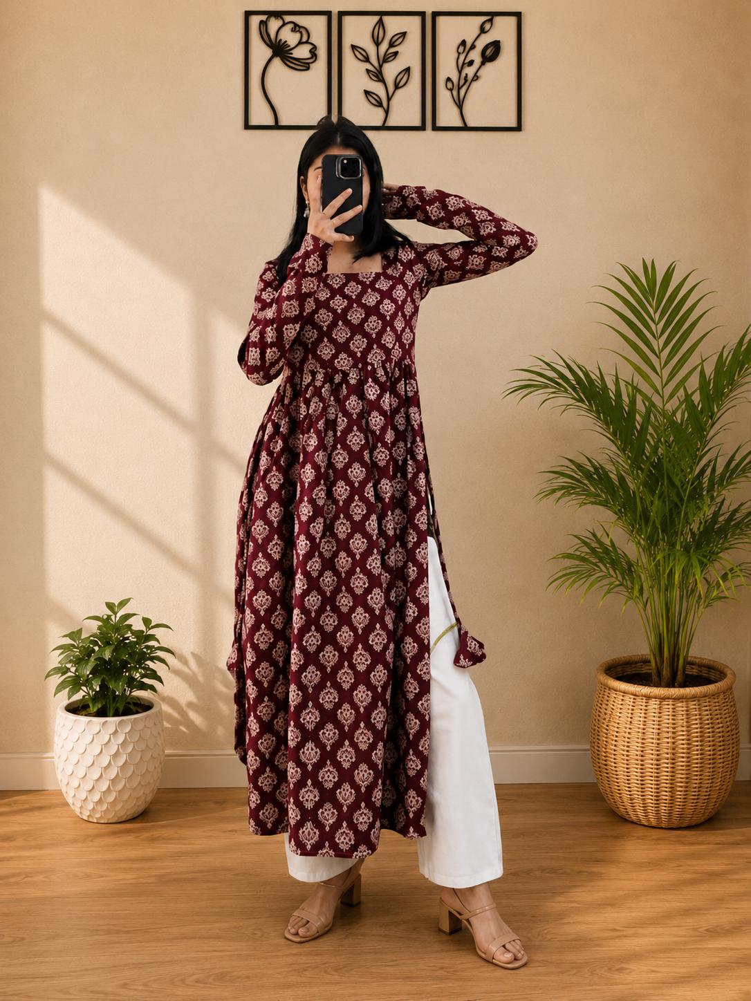 Cotton Nayra Cut Kurti for Women | Floral Printed Long Kurta | Full Sleeve Flared Kurti | Flared Ethnic Wear | Casual Outfit (Full Sleeve)