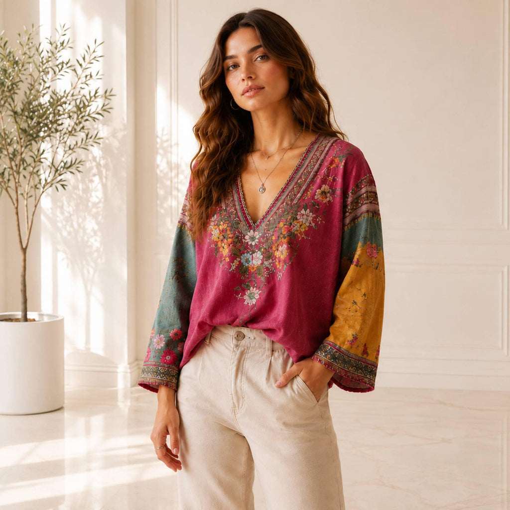 Elegant Flowy Floral Blouse, Boho V Neck Long Sleeve Women's Top