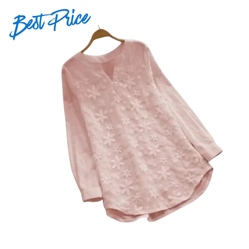 Women's Embroidered Lace Cotton Linen Blouse, Loose V-Neck Long Sleeve Plus Size Shirt