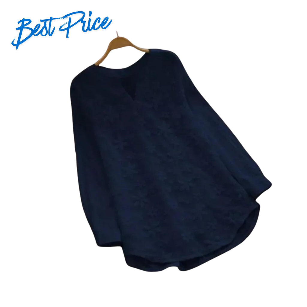 Women's Embroidered Lace Cotton Linen Blouse, Loose V-Neck Long Sleeve Plus Size Shirt