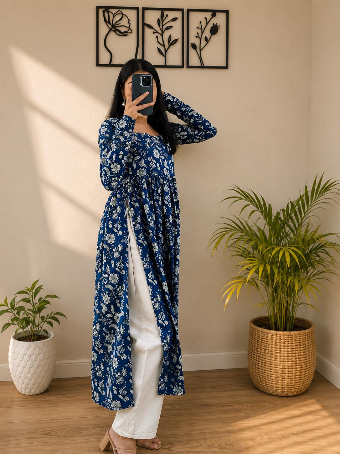 Cotton Nayra Cut Kurti for Women | Floral Printed Long Kurta | Full Sleeve Flared Kurti | Flared Ethnic Wear | Casual Outfit (Full Sleeve)