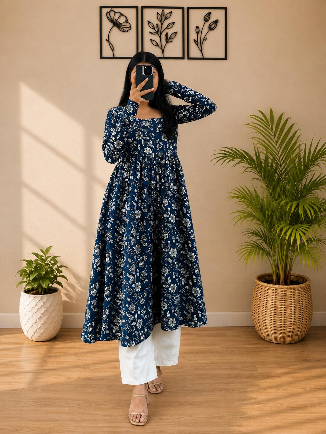 Cotton Nayra Cut Kurti for Women | Floral Printed Long Kurta | Full Sleeve Flared Kurti | Flared Ethnic Wear | Casual Outfit (Full Sleeve)