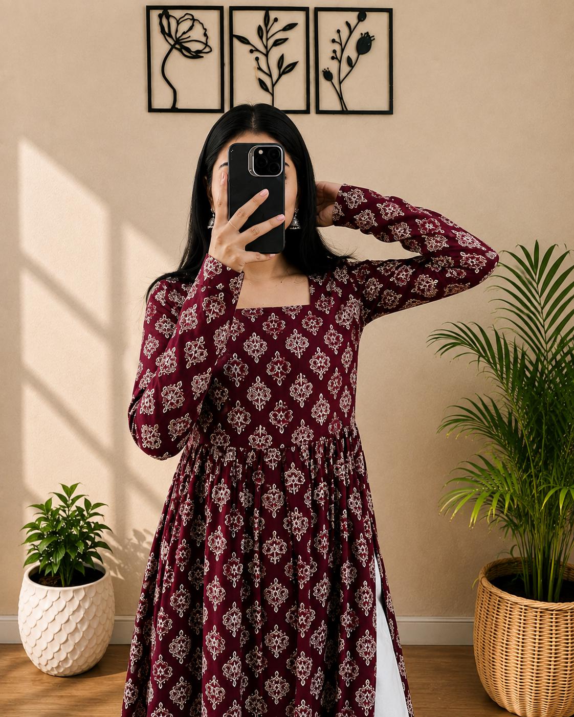 Cotton Nayra Cut Kurti for Women | Floral Printed Long Kurta | Full Sleeve Flared Kurti | Flared Ethnic Wear | Casual Outfit (Full Sleeve)