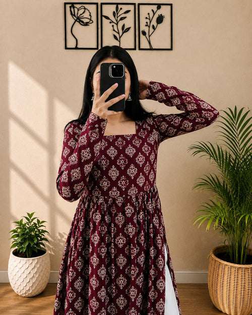 Cotton Nayra Cut Kurti for Women | Floral Printed Long Kurta | Full Sleeve Flared Kurti | Flared Ethnic Wear | Casual Outfit (Full Sleeve)
