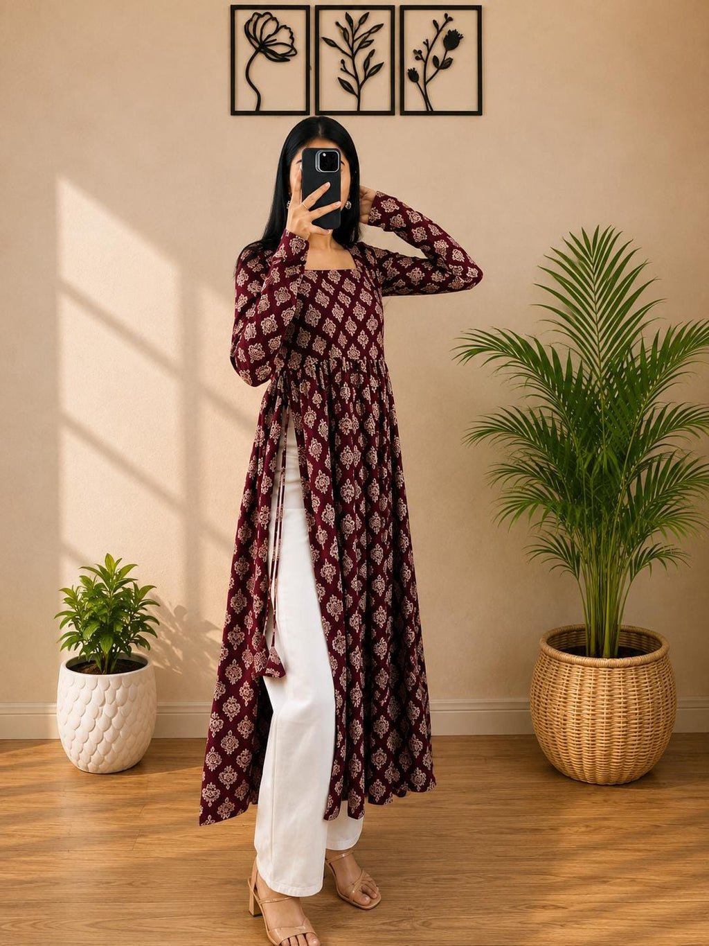 Cotton Nayra Cut Kurti for Women | Floral Printed Long Kurta | Full Sleeve Flared Kurti | Flared Ethnic Wear | Casual Outfit (Full Sleeve)