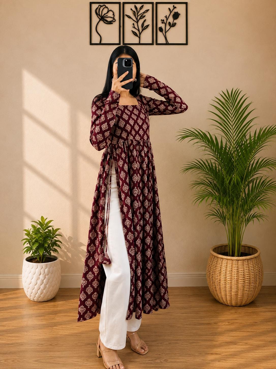 Cotton Nayra Cut Kurti for Women | Floral Printed Long Kurta | Full Sleeve Flared Kurti | Flared Ethnic Wear | Casual Outfit (Full Sleeve)