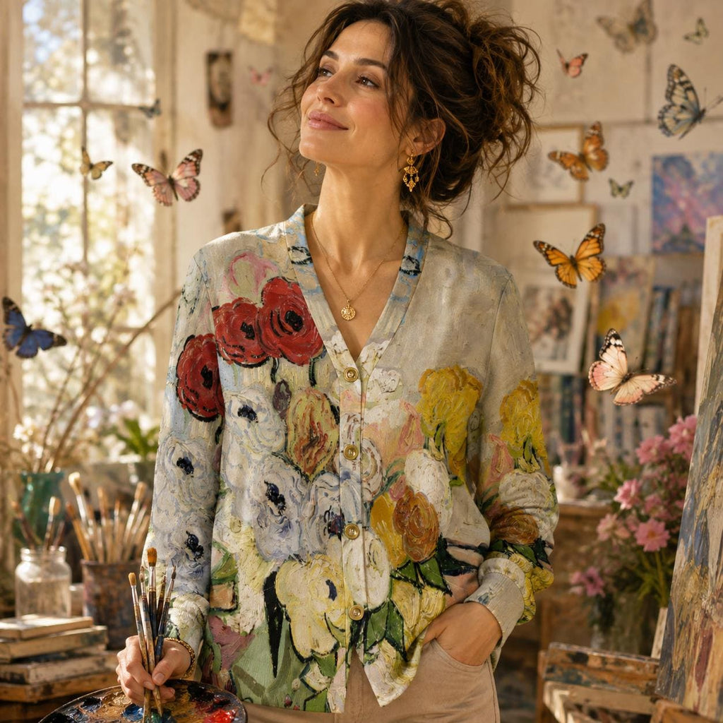 Van Gogh Sweater | Bouquet of Flowers| Cardigan | Full Sleeve Blouse | S–6XL Plus size | Poppy Art | Art Teacher Gift|Fine Art Print