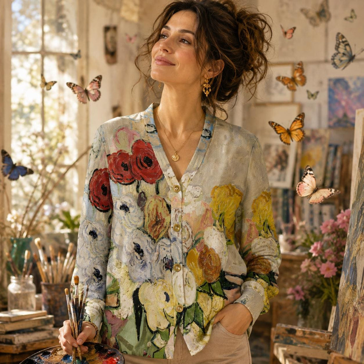 Van Gogh Sweater | Bouquet of Flowers| Cardigan | Full Sleeve Blouse | S–6XL Plus size | Poppy Art | Art Teacher Gift|Fine Art Print