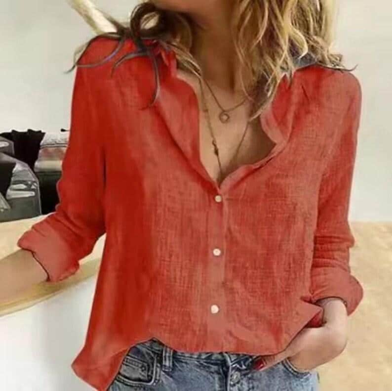 Women's Cotton Linen Button Down Shirt, V-Neck Long Sleeve Blouse, Relaxed Fit Top