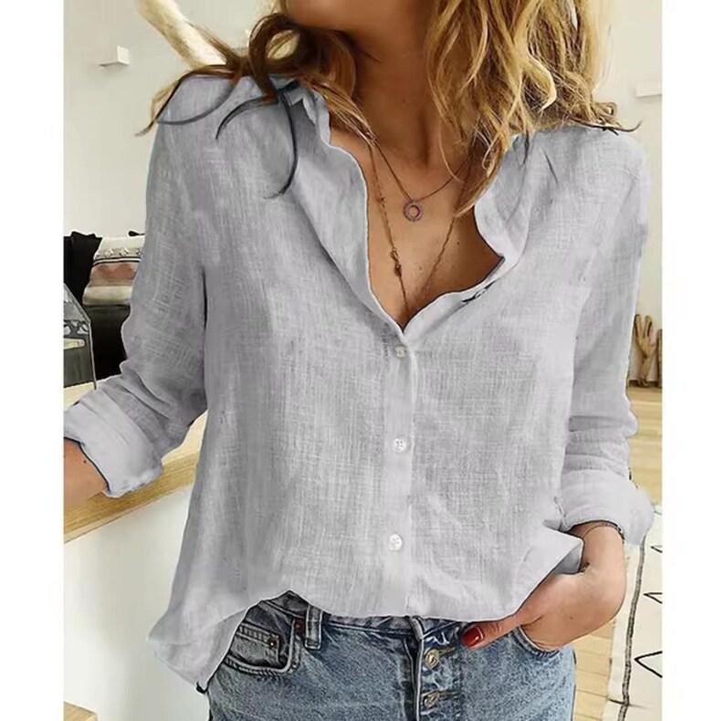 Women's Cotton Linen Button Down Shirt, V-Neck Long Sleeve Blouse, Relaxed Fit Top