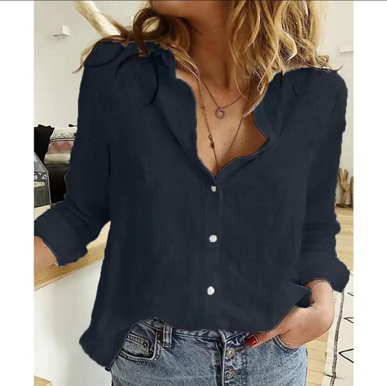 Women's Cotton Linen Button Down Shirt, V-Neck Long Sleeve Blouse, Relaxed Fit Top