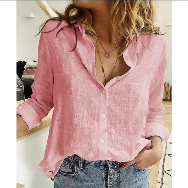 Women's Cotton Linen Button Down Shirt, V-Neck Long Sleeve Blouse, Relaxed Fit Top