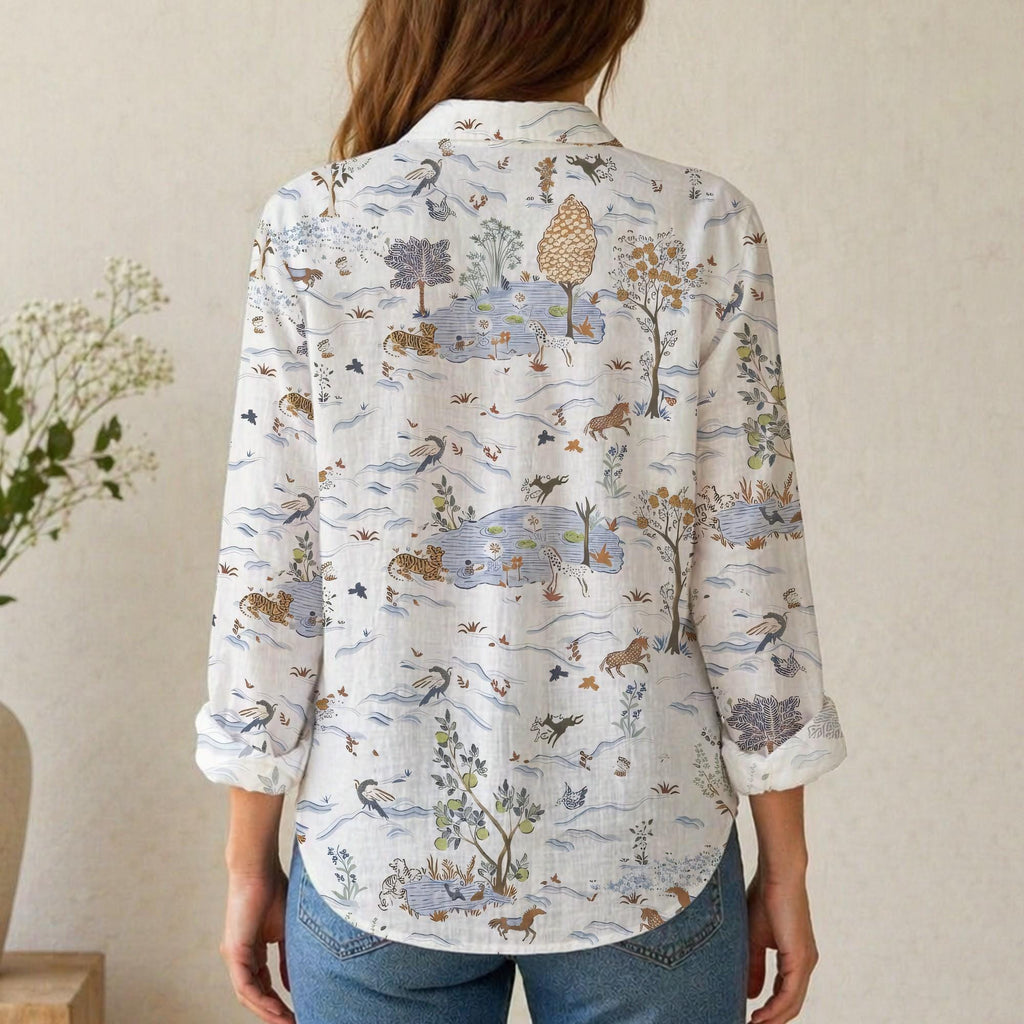 Toile de Jouy Animal Print Blouse, Safari Landscape Button Down Shirt, Vintage Graphic Long Sleeve Top, Aesthetic Boho Beach Cover Up